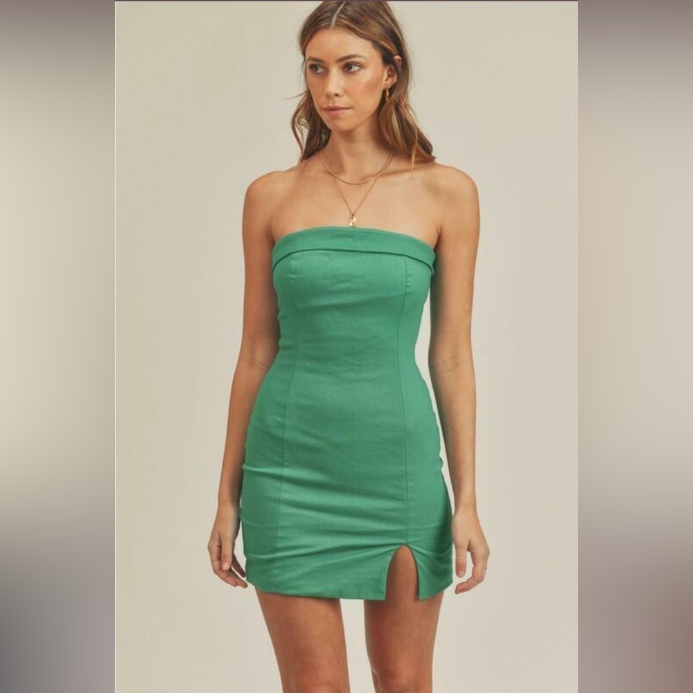 Green strapless denim mini dress